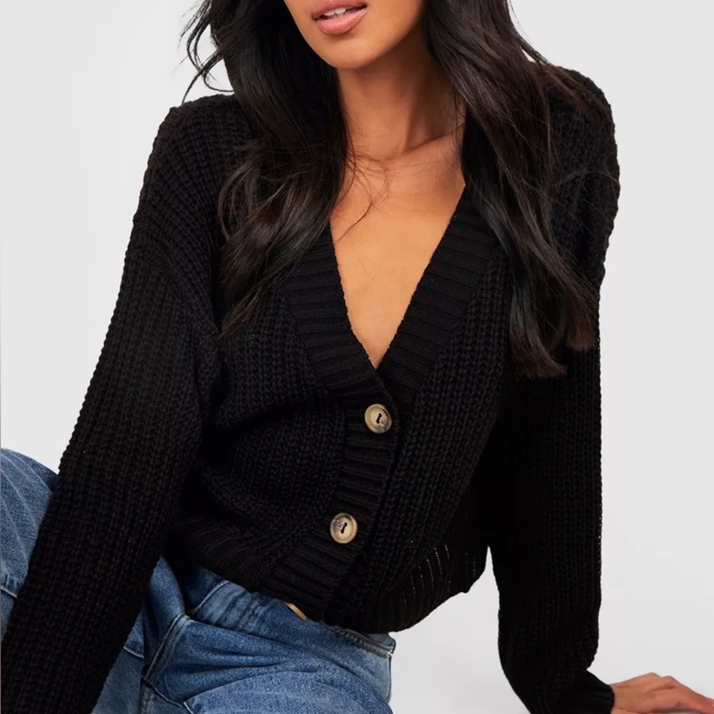 Cropped Black Knit Button-Up Sweater